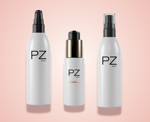Three white cylindrical bottles with black PZ by Aptar logos are displayed on a soft pink background. The middle, shorter bottle features a high performing twist-to-lock pump in gold and black, while the side bottles have sleek black cosmetic pumps.