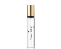A clear travel-sized mini spray packaging with a gold cap, labeled TRAVELSPRAY in black text on the front and is set against a plain white background.