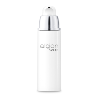 A white airless beauty packaging pump bottle with a shiny silver collar and a rounded white cap, labeled Albion by Aptar in black text on the front. The background is plain white.