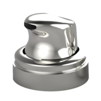 Detailed shot of Wren, a silver elegant aerosol actuator for mousse and lotion, isolated on a white background.