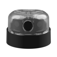 Clear plastic spray can cap with a black base, designed for use as a dual-spray aerosol actuator named Apollo, shown against a white background.
