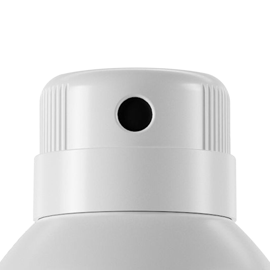 Close-up of a white spray can nozzle, featuring the Aerosol Actuator with a classic twist to lock aerosol named Moritz design, showing the round black spray hole and textured grip at the top against a white background.