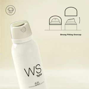 A white spray bottle labeled WS 55 with a beige cap is shown. To the right, a diagram highlights a strong fitting overcap mechanism ideal for omnichannel packaging. The background is light yellow.