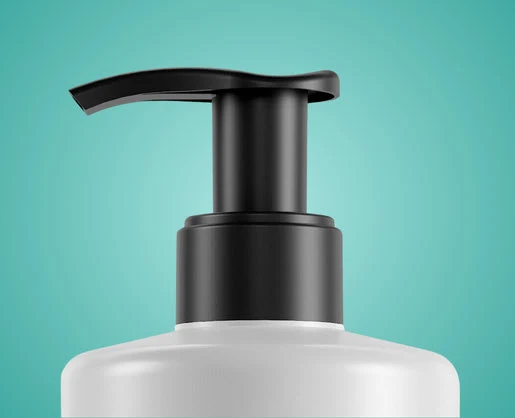 A close-up HDS, of a lockable high-dosage dispensing pump on top of a white bottle, set against a teal background.