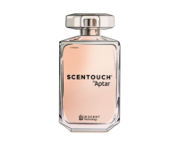 A clear glass perfume bottle with a silver cap, containing a light pink liquid. The label reads SCENTOUCH by Aptar, featuring a small iD Scent Technology logo and highlighting Reusable Paper Fragrance Sampling.