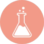 A white laboratory flask with liquid and bubbles inside, set against a solid salmon-colored circular background, represents the innovative spirit of Aptar Go2Lab.