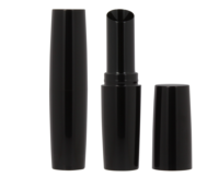 Three black cylindrical guided lipstick packaging tubes are shown: one closed, one open displaying the empty compartment, and one tube cap is placed separately on the right.