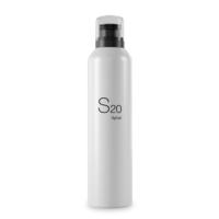 A tall, white cylindrical spray bottle with a black cap and the text S20 Aptar printed on the front in black letters showcases a contemporary upright aerosol actuator, standing against a plain white background.