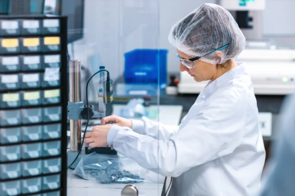 Laboratory operator in cleanroom attire assembling components at a workstation with tools and small parts visible