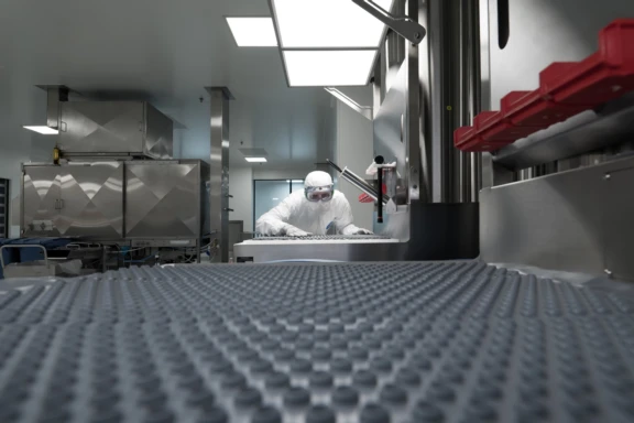 Cleanroom operator in a sterile gown, working on injectable drug primary pacakging components in a controlled manufacturing environment