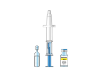 Drawing of Aptar Pharma nasal liquid vaccine device with blue plunger beside vial and sterile water for reconstitution.