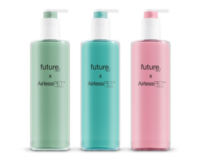 Three pump bottles in green, blue, and pink each labeled Future Airless PET feature minimalist designs with white pump tops and clear fronts. Displayed side by side on a white background, they highlight recyclable PET airless packaging.