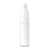 A tall, white, cylindrical bag-in-bottle airless named Irresistible with a minimalistic design and faint text reading IRRESISTABLE  on the front, photographed against a plain white background.