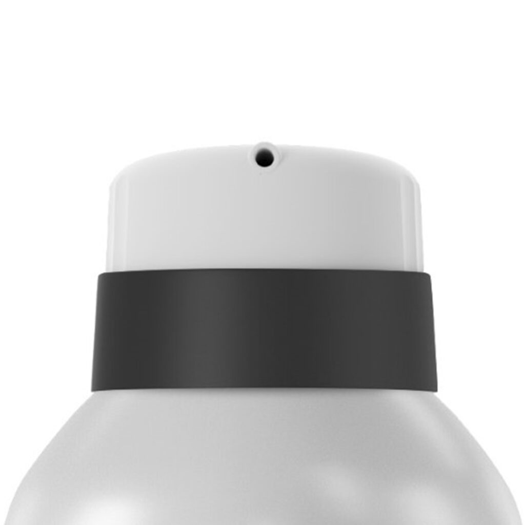 Close-up of the top of a spray can, featuring a twist-to-lock aerosol actuator for gel with a white nozzle and black band around the neck, set against a plain white background.