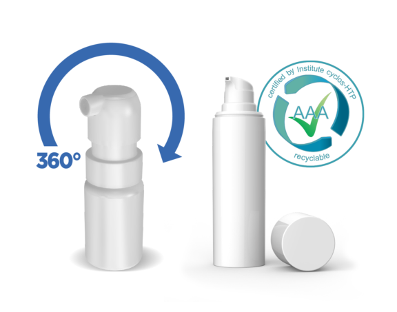 White plastic Aptar Pharma Airless+ and APF oral dispensing range systems with cyclos-HTP recyclability rating seal.