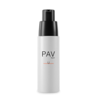 A black PAV/U low-dose twist-to-lock cosmetic pump mounted on a white bottle, set against a plain white background.