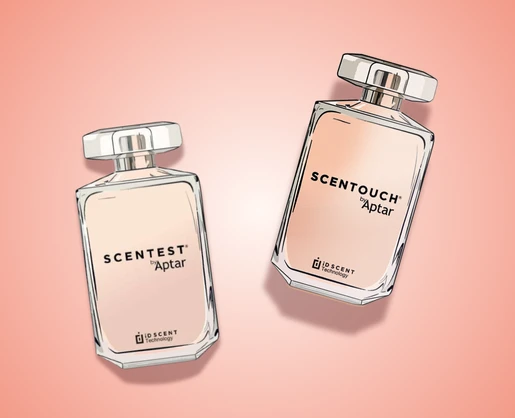 Close-up of two elegant perfume bottles labeled SCENTEST by Aptar and SCENTOUCH by Aptar, standing against a soft pink gradient background. SCENTOUCH features a Sensorial Paper Sampling design.