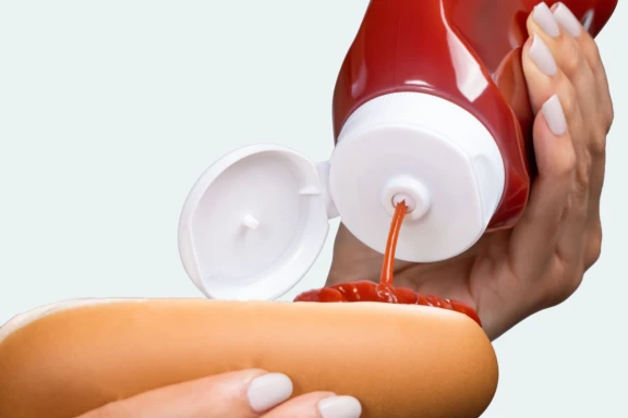 Ketchup being squeezed on hot dog