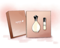 A perfume gift set with a closed pink box labeled Aptar beauty and an open box displaying a large perfume bottle and Mini Spray Packaging named Travel Spray inside.