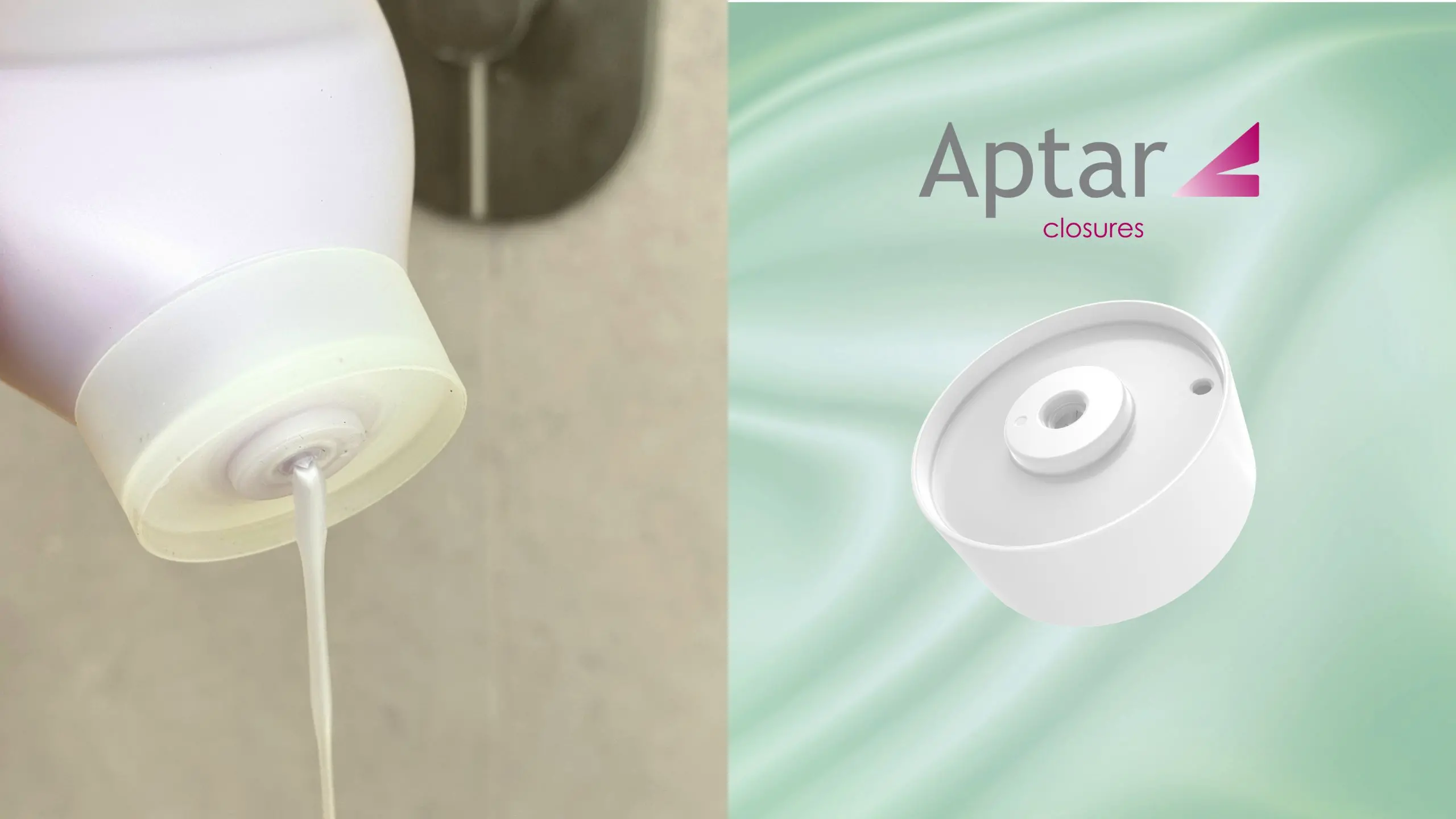 Inverted bottle dispensing liquid beside an Aptar Closures Inverted Lidless closure with SimpliSqueeze® valve.