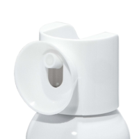 Close-up of Sirena, a white Aerosol Actuator with Bold Design labeled, highlighting the round spray button and surrounding plastic collar against a white background.