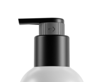 A close-up of a fully recyclable dispensing pump named Future with a black cap and nozzle, featuring an arrow indicator, against a white background.