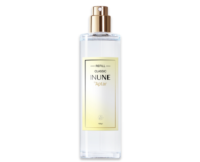 A clear, cylindrical perfume bottle with a gold classic prestige fragrance pump named Classic Inune and cap, labeled INUNE Aptar Classic Refill on a cream-colored label, containing 150 ml of liquid.