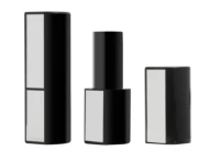 Three black non guided lipstick packaging with mirrors on the sides  are shown: one closed, one open with the lipstick exposed, and one cap standing alone. The background is white. 