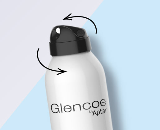 A white aerosol can with a black actuator labeled Glencoe by Aptar is shown against a blue and light purple background. Black arrows highlight the function of its hoodless aerosol actuator nozzle.
