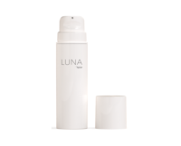 A white cylindrical bottle labeled LUNA, high-performance airless packaging, and the cap placed beside it, set against a plain white background.