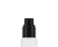 A close-up of an airless glass dispenser named Astrea with a black nozzle and cap on top of a frosted white bottle, shown against a plain white background.
