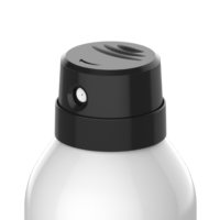 Close-up of the top of a premium and customizable aerosol actuator named Maya, featuring a black nozzle and cap on a white container, set against a plain white background.