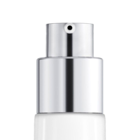 Close-up of a reliable cosmetic pump named Evoclassic dispenser in silver, elegantly placed on top of a white bottle, isolated on a white background.