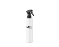 A white spray bottle with an ergonomic Mini Trigger Spray pump and the text MTS by Aptar printed on the front. The black trigger nozzle enhances comfort, while the bottle stands upright against a plain white background.