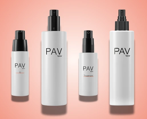 A group of white bottles with sleek black actuators, each featuring a variation of the PAV treatment  cosmetic pump for precise application.