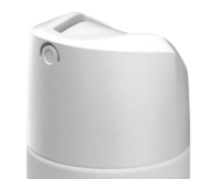 Close-up of a white plastic spray-through aerosol actuator nozzle named Graphite with a push button on the side, isolated on a white background.