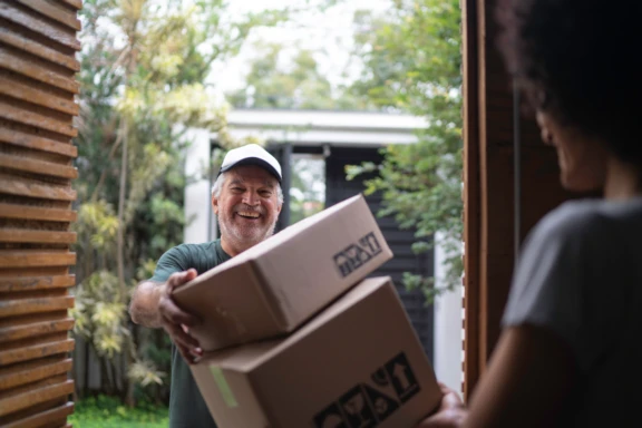 A smiling delivery person hands two cardboard packages featuring ecommerce packaging to a recipient at a doorway, with greenery and a building visible in the background.