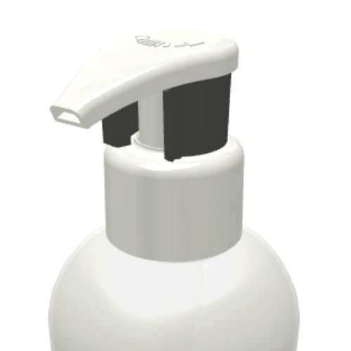 Close-up of a white plastic dispensing pump with a metal-free pathway named GSA on a bottle, typically used for liquid soap, lotion, or sanitizer, against a plain white background.