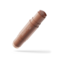 A double-ended mono-material face stick named labeled Duo Flash in beige and brown tones, shown floating against a white background with a soft shadow underneath.