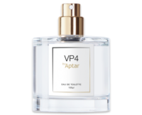A clear glass perfume bottle with a gold high-performing fragrance pump and a white label that reads VP4 by Aptar.