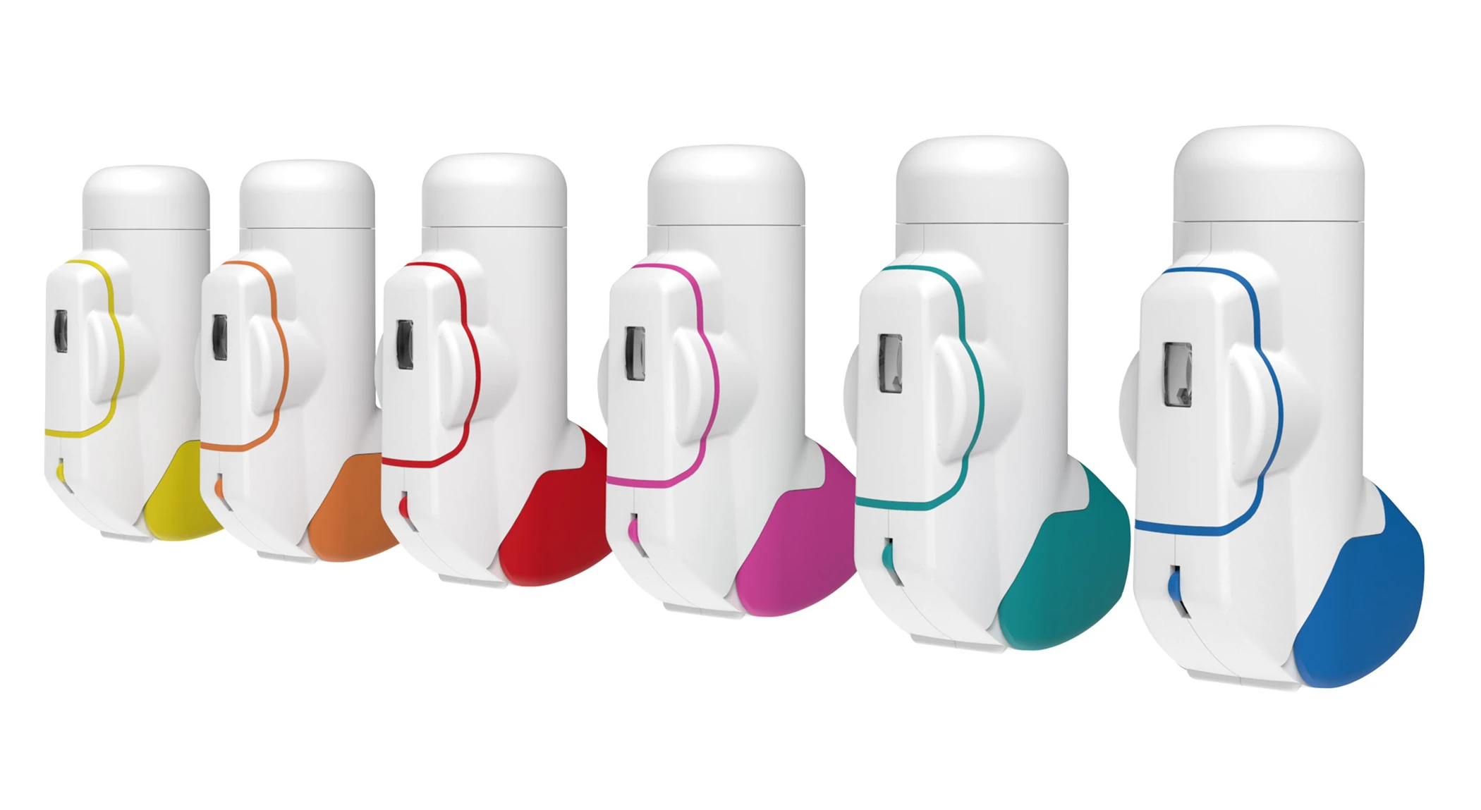 Angled view of five of Aptar Pharma's BAI inhalers in a range of colors for product differentiation.