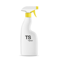 A reliable and versatile trigger spray, this white plastic bottle with a yellow trigger and nozzle is labeled TS by Aptar in black text, standing upright against a plain white background.