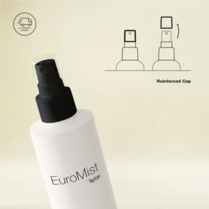 A white spray bottle labeled EuroMist with a black nozzle and clear cap is shown, highlighting its omnichannel packaging. An illustration beside it demonstrates how to remove the reinforced cap. The background is light beige.