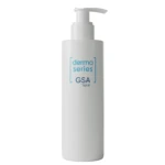 A white plastic bottle with a pump dispenser labeled derma series GSA wash in blue text on the front, showcasing simple, minimalistic packaging solutions for dermocosmetics.