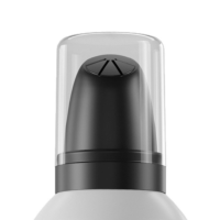 A close-up of a gray aerosol spray can featuring a Black classic inverted foam aerosol actuator named Ella with a transparent plastic cap, set against a white background.