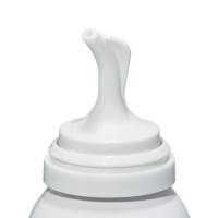 Close-up of a white plastic inverted aerosol actuator named Athena and designed for dispensing creams, ointments, or sprays, with a curved spout and a small opening at the top.