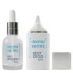 Two skincare bottles labeled derma series are shown-one with a dropper labeled neo dropper, and one with a pointed nozzle labeled star drop-highlighting innovative packaging solutions for dermocosmetics, alongside a detached silver cap.