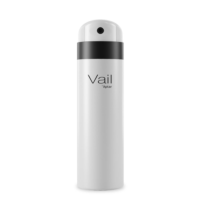 A white bottle with Vail by Aptar, an aerosol actuator for large cans, is labeled Vail by Aptar is set against a plain white background.
