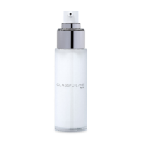 A timeless and classic cosmetic pump on a clear, frosted glass spray bottle features a silver pump and cap, labeled CLASSICLINE 50par in gray text, standing upright on a white background.