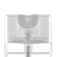 Close-up of Purette Fine Mist, a flat mini spray packaging solution. The image highlights the spray opening and part of the clear plastic bottle.